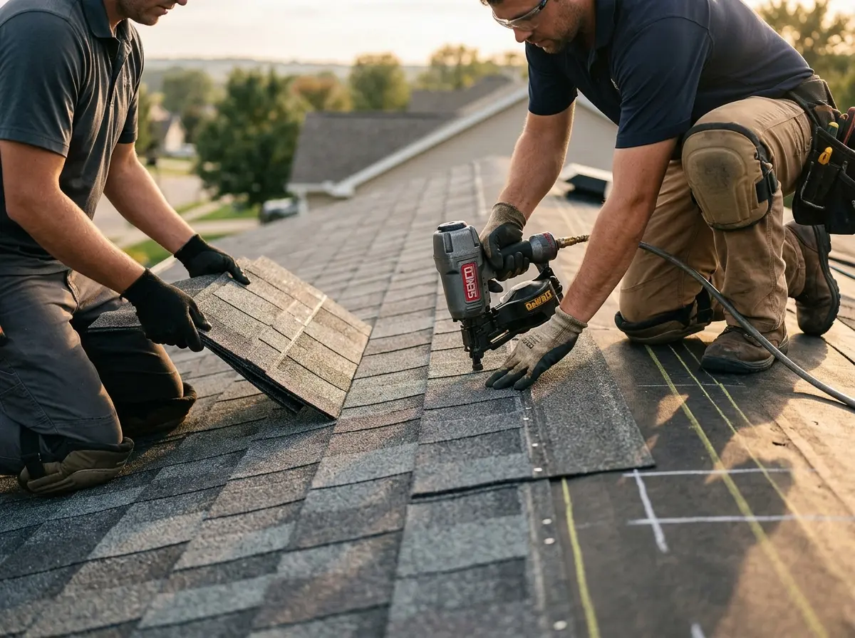 Professional roofer working on a residential roof in Shaler